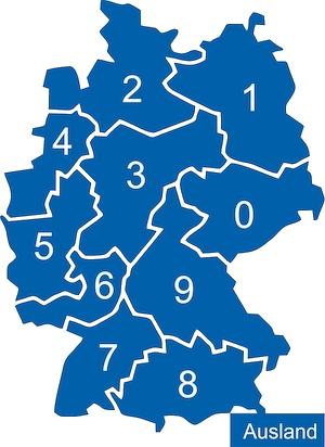Deutschlandkarte nach PLZ-Regionen 0–9